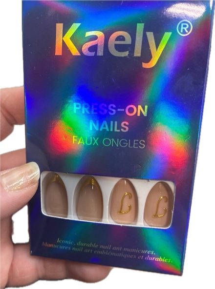 Condition photo showing New/Like New for evpct Initial Letter French Tips Press On Nails Short Almond for Women Gift (Nude + Gold Tip) — Glossy Soft Gel Press Stick on Nail with Nail Kit, 3D Design Full Cover Reusable Acrylic Fake Nails Kit (J)