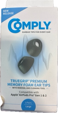 Condition photo showing New/Like New for Comply TrueGrip | Premium Memory Foam Replacement Earbud Tips for Apple AirPods Pro 1 & 2 | Enhanced Comfort, Secure Fit, Superior Noise Isolation, Removal & Cleaning Tool | Black, Large (3 Pairs)