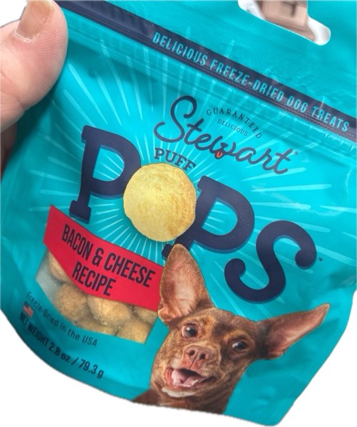 Condition photo showing New/Like New for Stewart Freeze Dried Dog Treats, PuffPops Bacon and Cheese Recipe, Gluten Free, 2.8 Ounce Resealable Pouch, Made in USA, Dog Training Treats