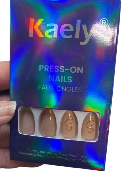 Condition photo showing New/Like New for evpct Initial Letter French Tips Press On Nails Short Almond for Women Gift, Nude + Gold Tip, Glossy Soft Gel Press Stick on Nail with Nail Kit, 3D Design Full Cover Reusable Acrylic Fake Nails Kit, S