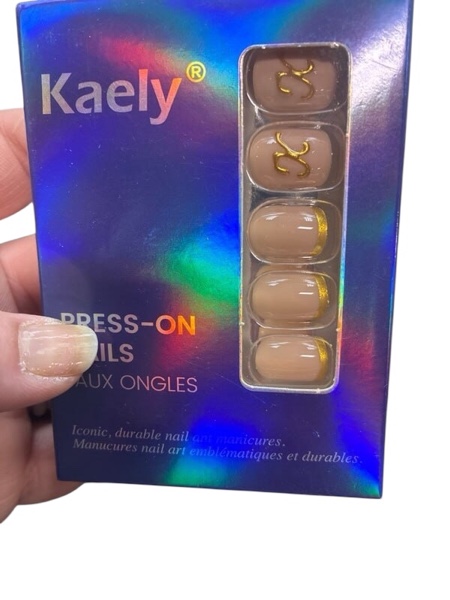 Condition photo showing New/Like New for evpct Initial Letter French Tips Press On Nails Short Almond for Women Gift, Nude + Gold Tip, Glossy Soft Gel Press Stick on Nail with Nail Kit, 3D Design Full Cover Reusable Acrylic Fake Nails Kit, K Nude & Gold Tips & Letter K Short Almond (24 Count)