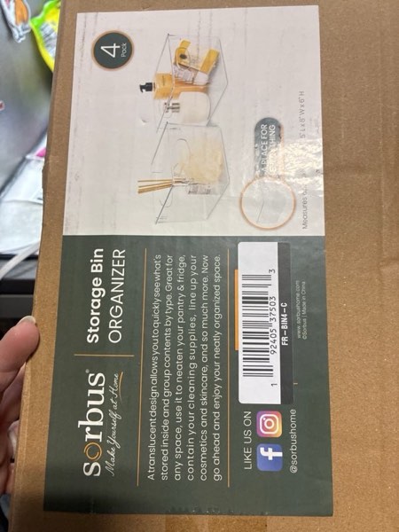 Condition photo showing New/Like New for Sorbus 4 Pack Large Clear Plastic Storage Bins, Clear Organizer Bins with Handle for Kitchen, Pantry, Cabinet, Refrigerator, Craft, Toys, Clothes, Closet, Under Sink, Bathroom Organizers and Storage