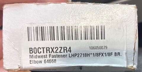 Condition photo showing New/Like New for Midwest Fastener LHP2718H*1/8FX1/8F BR. Elbow 64668
