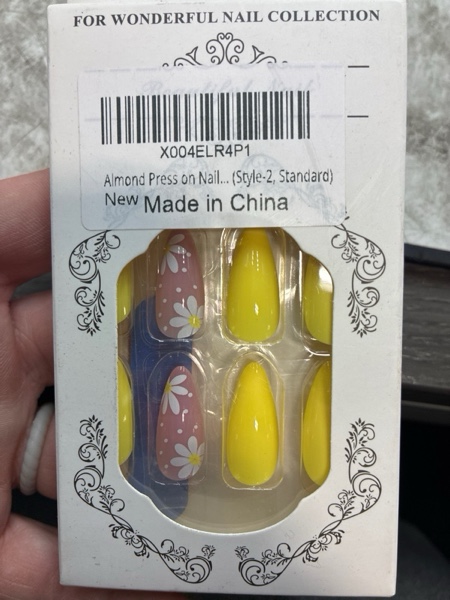 Condition photo showing New/Like New for Medium Press on Nails Almond Fake Nails Flower False Nails with Pink Yellow Design Glue on Nails Floral Acrylic Nails Glossy Full Cover Stick on Nails for Women Spring Manicure 24Pcs