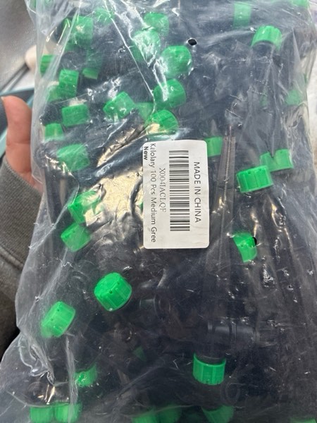 Condition photo showing New/Like New for 50PCS Drip Irrigation Emitters, Kalolary Adjustable 360 Degree Water Flow Drippers Emitters for 1/4" Drip Irrigation System Tubing, Irrigation Drippers for House Garden Flower beds(Medium Green) Medium Green 8 Holes-50P