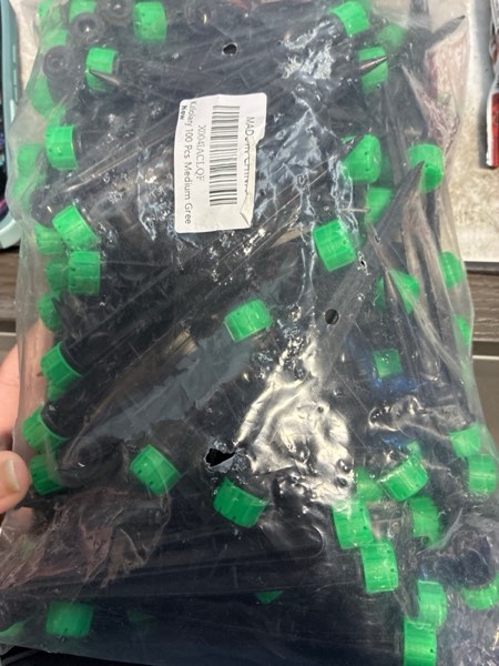 Condition photo showing New/Like New for 50PCS Drip Irrigation Emitters, Kalolary Adjustable 360 Degree Water Flow Drippers Emitters for 1/4" Drip Irrigation System Tubing, Irrigation Drippers for House Garden Flower beds(Medium Green) Medium Green 8 Holes-50P