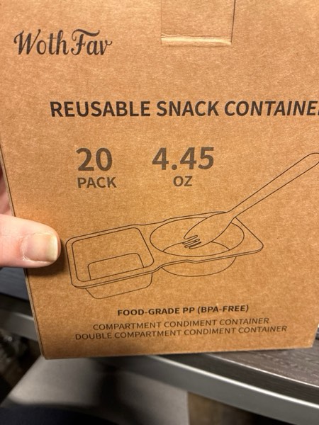 Condition photo showing New/Like New for 20 Sets Reusable Snack Containers with Lids & 20 Sporks – Double Compartment for Portion Control, BPA-Free Leak-Proof Dipping Containers for Meal Prep, Travel, and Outdoor Snacks (Clear)