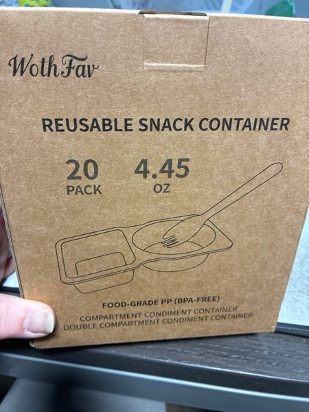 Condition photo showing New/Like New for 20 Sets Reusable Snack Containers with Lids & 20 Sporks – Double Compartment for Portion Control, BPA-Free Leak-Proof Dipping Containers for Meal Prep, Travel, and Outdoor Snacks (Clear)