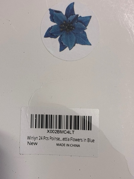 Condition photo showing New/Like New for 24 Set Christmas Blue Glitter Poinsettia Flowers Picks Christmas Tree Ornaments for Winter Blue Teal Christmas Tree Wreaths Garland Holiday Seasonal Wedding Decorations White Gift Box Included
