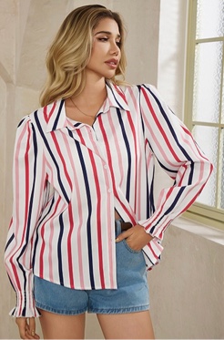Yousify Womens Puff Long Sleeve Button Down Shirts Striped Casual Loose Fit Blouse Trendy Fall Tops Red Stripes