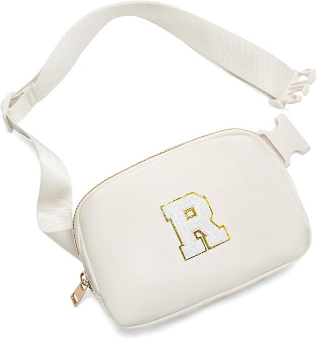 gitus birthday gifts for 8 9 10 11 12 13 year old girls personalized fanny pack crossbody bags with initial letter patch belt bag for teen girls cute trendy stuff travel essentials (ivory-r)