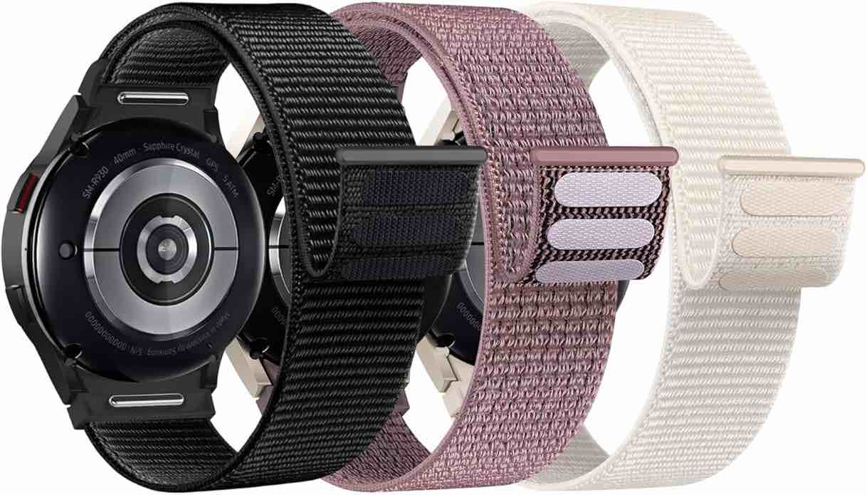 chinber 3 pack bands compatible with samsung galaxy watch 7 6 5 4 fe band 40mm 44mm/galaxy watch 6 4 classic bands 47mm 43mm 42mm 46mm/watch5 pro band, one click no gap elastic nylon wristband