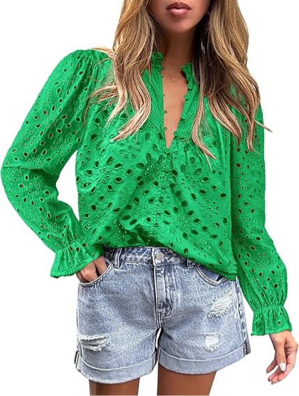 PRETTYGARDEN Women's Dressy Casual Blouse Tops Fall Spring Puff Long Sleeve Button V Neck Hollow Out Lace Embroidered Shirts- medium