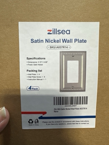 Condition photo showing New/Like New for 4-Pack Decorator Wall Plate, Metal Outlet Cover Plate for Receptacle, GFCI Outlets, Dimmer Switch, Decorative Satin Nickel Finish, Midsize 1 Decorator 4PK