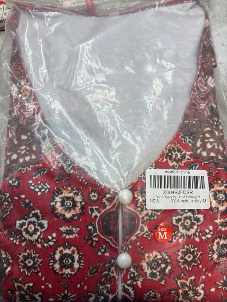 Condition photo showing New/Like New for (Size M) Boho Tops for Women 2025 Fall Long Sleeves Vintage Ethnic Floral Blouse Dressy Casual V Neck Button Shirts Medium Red Paisley