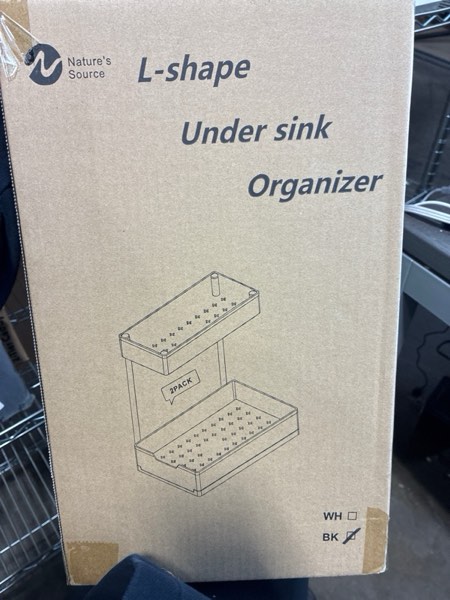 Condition photo showing New/Like New for 2 Pack Under Sink Organizer 2 Tier Sliding Cabinet Organizers Multi-Purpose Sink Storage Basket L-Shape Narrow Space Storage Shelves with 4 Hook for Kitchen Bathroom Drawer, Black 2 pack Black