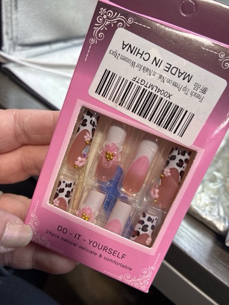 Condition photo showing New/Like New for French Tip Press on Nails Long Square Fake Nail Floral Pink Acrylic Nails Press on Flowers With Designs Stick on Nail for Women 24pcs