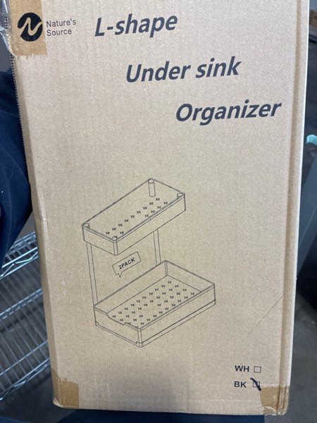 Condition photo showing New/Like New for 2 Pack Under Sink Organizer 2 Tier Sliding Cabinet Organizers Multi-Purpose Sink Storage Basket L-Shape Narrow Space Storage Shelves with 4 Hook for Kitchen Bathroom Drawer, Black 2 pack Black