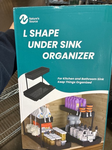 Condition photo showing New/Like New for 2 Pack Under Sink Organizer 2 Tier Sliding Cabinet Organizers Multi-Purpose Sink Storage Basket L-Shape Narrow Space Storage Shelves with 4 Hook for Kitchen Bathroom Drawer, Black 2 pack Black