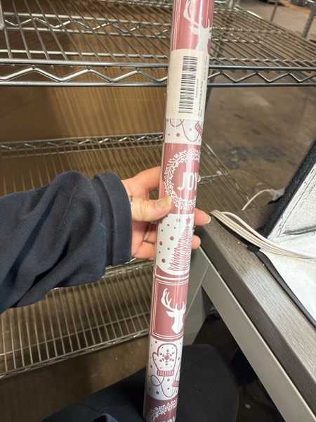 Condition photo showing New/Like New for MAYPLUSS Christmas Wrapping Paper Roll, 17 Inch X 16.5 Feet Gift Wrapping Paper Featuring Gold Rose Deer Cane Candy Bell Gloves Reversible Snowflake, Thick Wrap Paper for Holiday Party New Year Kids Pink Foil Deer