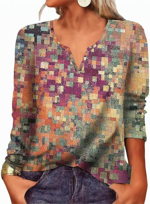 (Size XL) Boho Tops for Women 2025 Fall Long Sleeves Vintage Ethnic Floral Blouse Dressy Casual V Neck Button Shirts Small Colored Squares