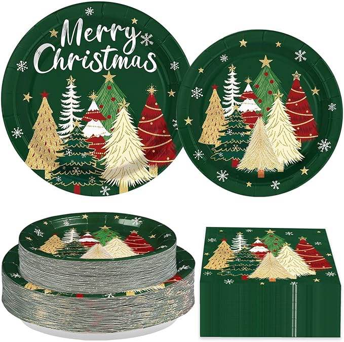 Greencian 200Pcs Christmas Tree Party Supplies Christmas Tree Plates and Napkins Disposable Xmas Tab