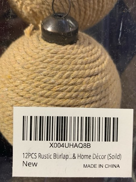 Condition photo showing New/Like New for 12PCS Rustic Burlap Christmas Ornaments, 3.15" Handmade Jute Rope Balls, Farmhouse Christmas Tree Decorations, Boho Natural Hanging Ornaments for Holiday, Party & Home Décor (Soild)