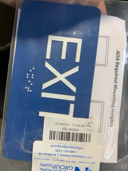 Condition photo showing New/Like New for NAP TAGS - ADA Compliant Exit Sign with Braille (6" x 3" Blue Sign), Indoor, Easy Installation, Made in the USA 6" x 3" Exit, Blue