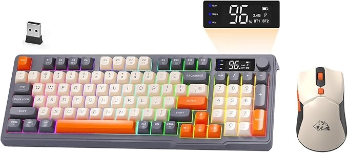 ZIYOU LANG×FREEWOLF T96 Wireless Gaming Keyboard and Mouse Set, Bluetooth/2.4GHz Dual-Mode,Smart Display & Knob,Rainbow LED Backlit, 94-Key Rechargeable Keyboard with Wireless Computer Mice-Shimmer