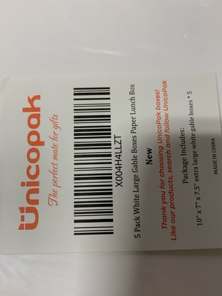 Condition photo showing New/Like New for UnicoPak 5 Pack 10x7x7.5 Extra Large Gable Boxes White Handled Lunch Boxes To Go for Birthday Wedding Party Favors Picnic Welcome