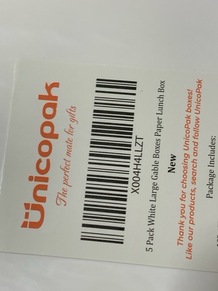 Condition photo showing New/Like New for UnicoPak 5 Pack 10x7x7.5 Extra Large Gable Boxes White Handled Lunch Boxes To Go for Birthday Wedding Party Favors Picnic Welcome