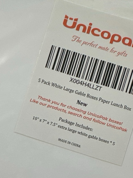Condition photo showing New/Like New for UnicoPak 5 Pack 10x7x7.5 Extra Large Gable Boxes White Handled Lunch Boxes To Go for Birthday Wedding Party Favors Picnic Welcome