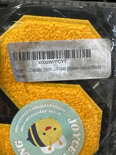 Condition photo showing New/Like New for Letter S - Chenille Stitch Varsity Iron-On Alphabet Patch by pc, 4-1/2", TR-11648 (Golden Yellow/Black) Golden Yellow/Black Letter S