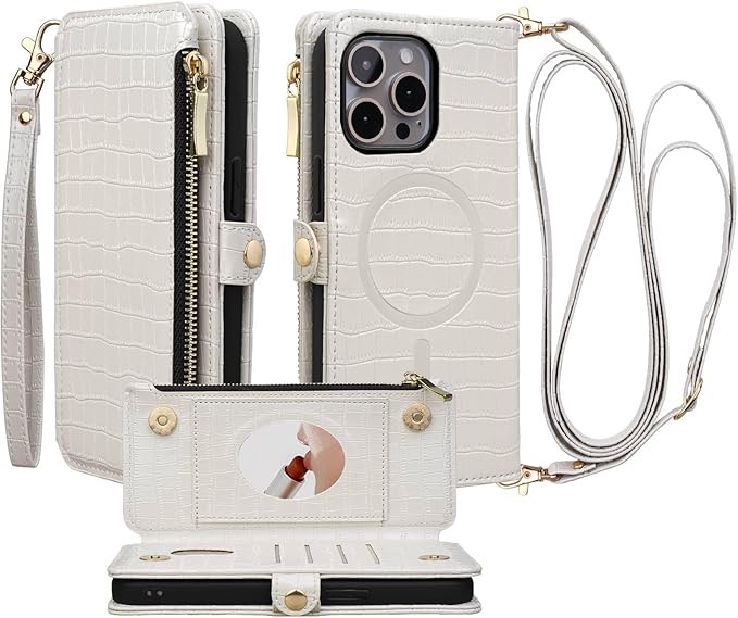 Stylivolve Wallet Case for iPhone 15 Pro Max with Mirror, Crossbody Strap & Wrist Lanyard, Kickstand Magnetic Clasps Card Holder with RFID Protection, Shockproof Cover for Women - 6.7" (White)