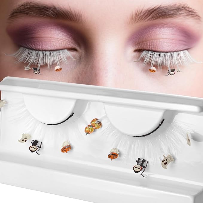 Halloween Wispy False Eyelashes White Cluster Eyelash Extensions with Colorful Pumpkin Grim Reaper G