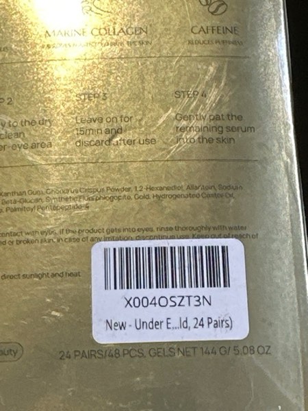 Condition photo showing New/Like New for 24K Gold Under Eye Masks [Collagen & Caffeine] Travel Essential - Birthday Gifts for Women, Gel Eye Mask for Puffy Eyes and Dark Circles, Wrinkles, Fine Lines, Collagen Skin Care Products(24 Pairs) 24K Gold (24 Pairs)