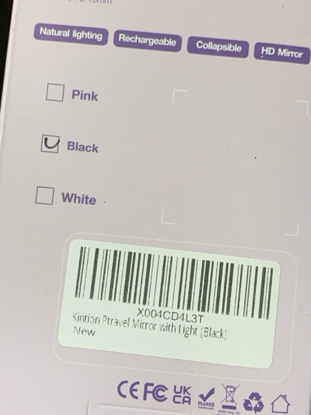 Condition photo showing New/Like New for Kintion Tiny Travel Compact Mirror, 4.6"*2.9" Portable LED Lighted Makeup Mirror, 3 Colors Touch Dimmable Purse Mirror, Rechargeable Folding Cosmetic Mirror for Women, Black