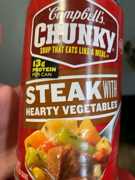 Condition photo showing New/Like New for Campbell’s Chunky Soup  Ready to Serve Sirloin Steak with Hearty Vegetables Soup  18.8 oz Can