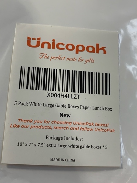 Condition photo showing New/Like New for UnicoPak 5 Pack 10x7x7.5 Extra Large Gable Boxes White Handled Lunch Boxes To Go for Birthday Wedding Party Favors Picnic Welcome