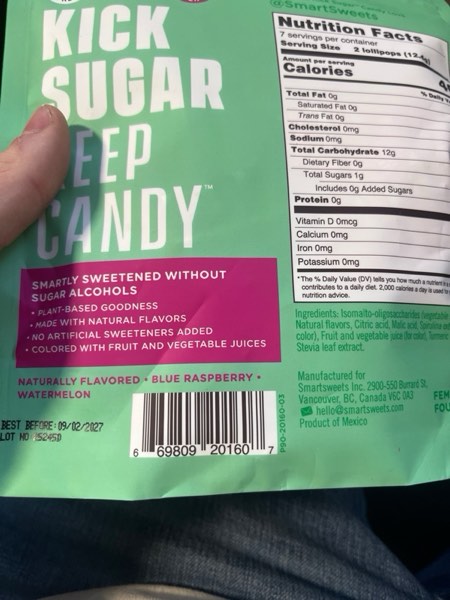 Condition photo showing New/Like New for SmartSweets Lollipops, 3oz, Blue Raspberry & Watermelon Flavors, Hard Candy with Low Sugar (1g), Low Calorie (40), No Artificial Sweeteners, Plant-Based, Gluten-Free Lollipops 3 Ounce (Pack of 1)