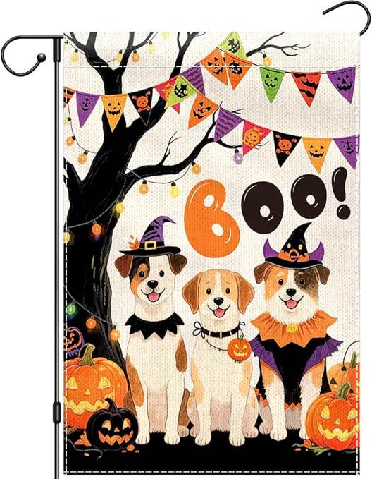 XUEXIANSHU Boo Halloween Dogs Garden Flag 12x18 Double Sided, Dog Pumpkins Bat Yard Flags for Outside, Golden Retriever Fall Autumn Witch Hat Small Burlap Yard Flag for Outdoor Home Decor