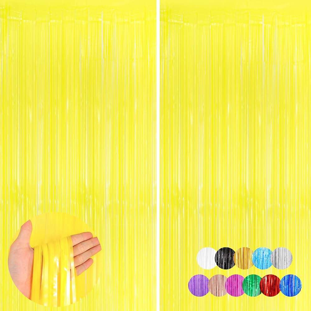 Glow in The Dark Tinsel Curtains 2 Pack - 3.3x6.6ft UV Reactive ?Fluorescent Party Backdrop for Neon, Birthday, Pride Decorations, Pre-Taped, Lightweight Waterproof (Yellow)