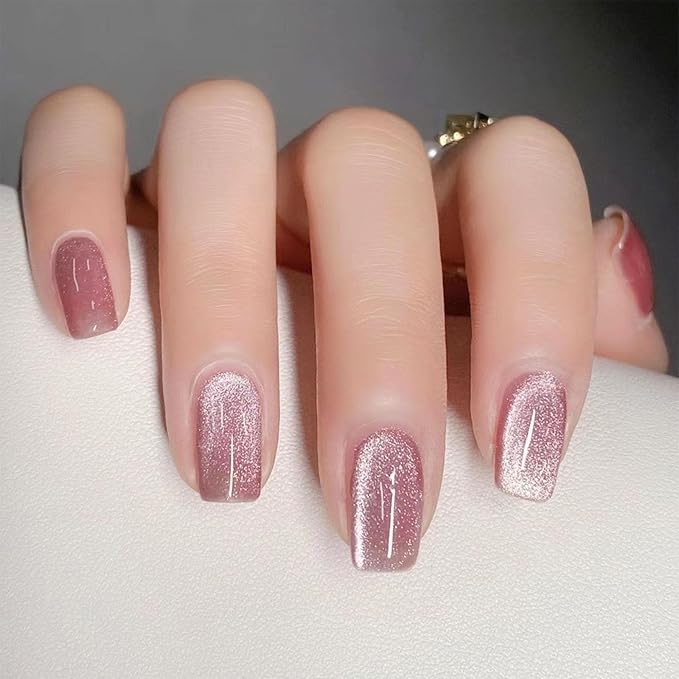 Short Square Press on Nails Cat Eye Fake Nails Nude Pink Nails Press ons Glitter Glue on Nail Glossy