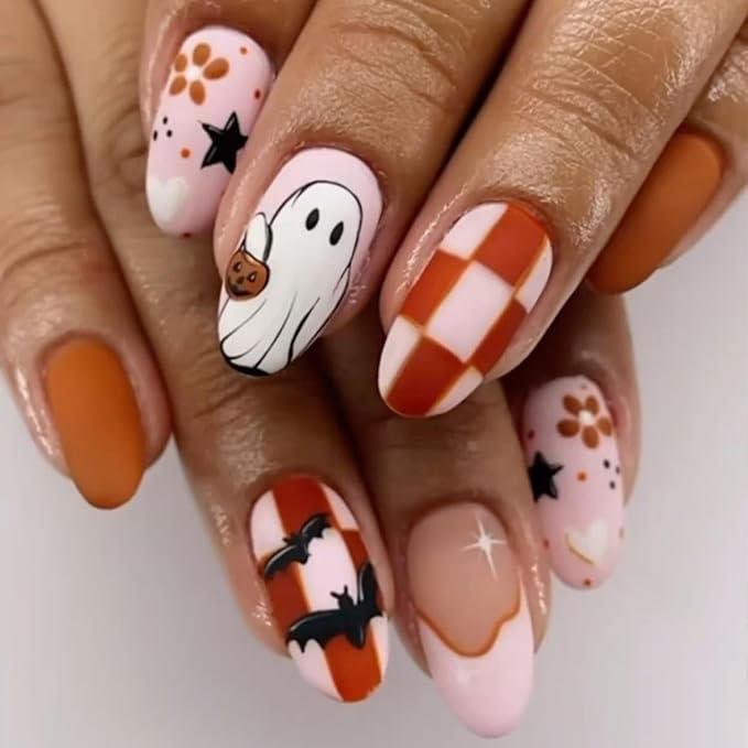 Halloween Press on Nails Short Almond Spooky Fake Nails Witch False Nails Pumpkins Ghosts Gothic Hal