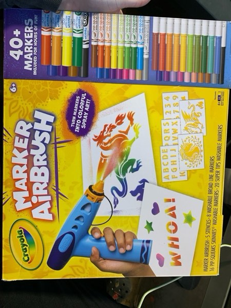 Condition photo showing New/Like New for Crayola Marker Airbrush Spray Art Kit, With Markers and Stencils, Holiday Gift for Boys and Girls, DIY Craft Set, Art Toy for Kids, Ages 6+