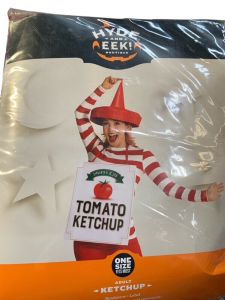 Condition photo showing New/Like New for Adult Ketchup Halloween Costume Accessory Set - Hyde and EEK! Boutique™: Polyester, Red