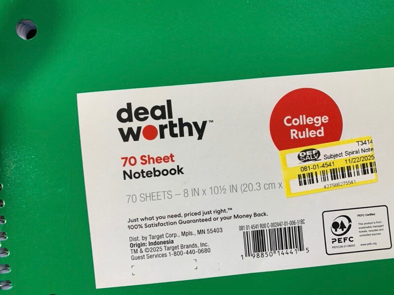 Condition photo showing New/Like New for Subject Spiral Notebook College Ruled Green - Dealworthy™