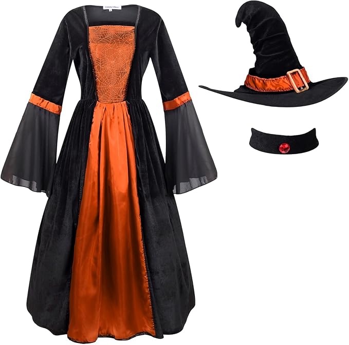 colorful house women wicked witch costume, purple long sorceress classic dress