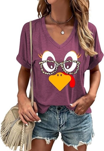 Butovek Women Fall Halloween V Neck Shirt Thanksgiving Graphic Short Sleeve Tee Autumn Holiday Family Matching Tops