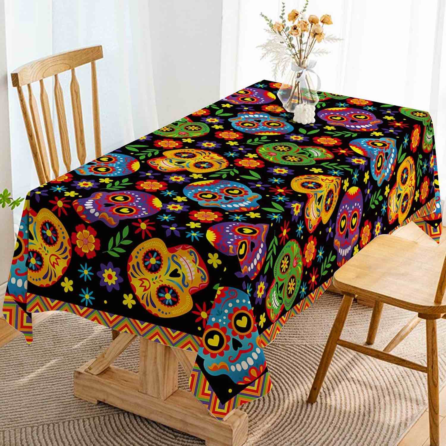 xchi colorful sugar skull flowers paisley dia de los muertos tablecloth rectangle washable day of the dead mexican table covers for indoor outdoor dining home party decorations 60x104 inch